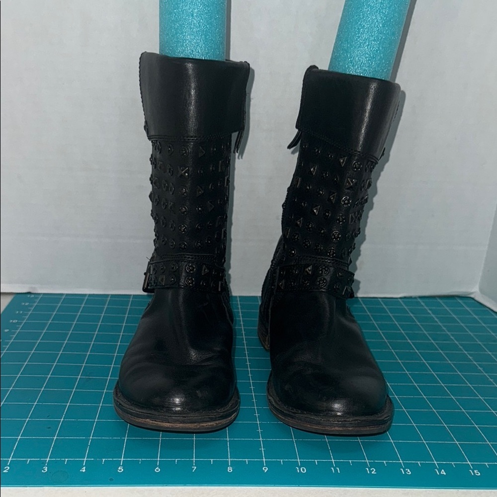 UGG Australia Conor Studded Black Leather & Shearling Moto Mid Calf Boots Size 9